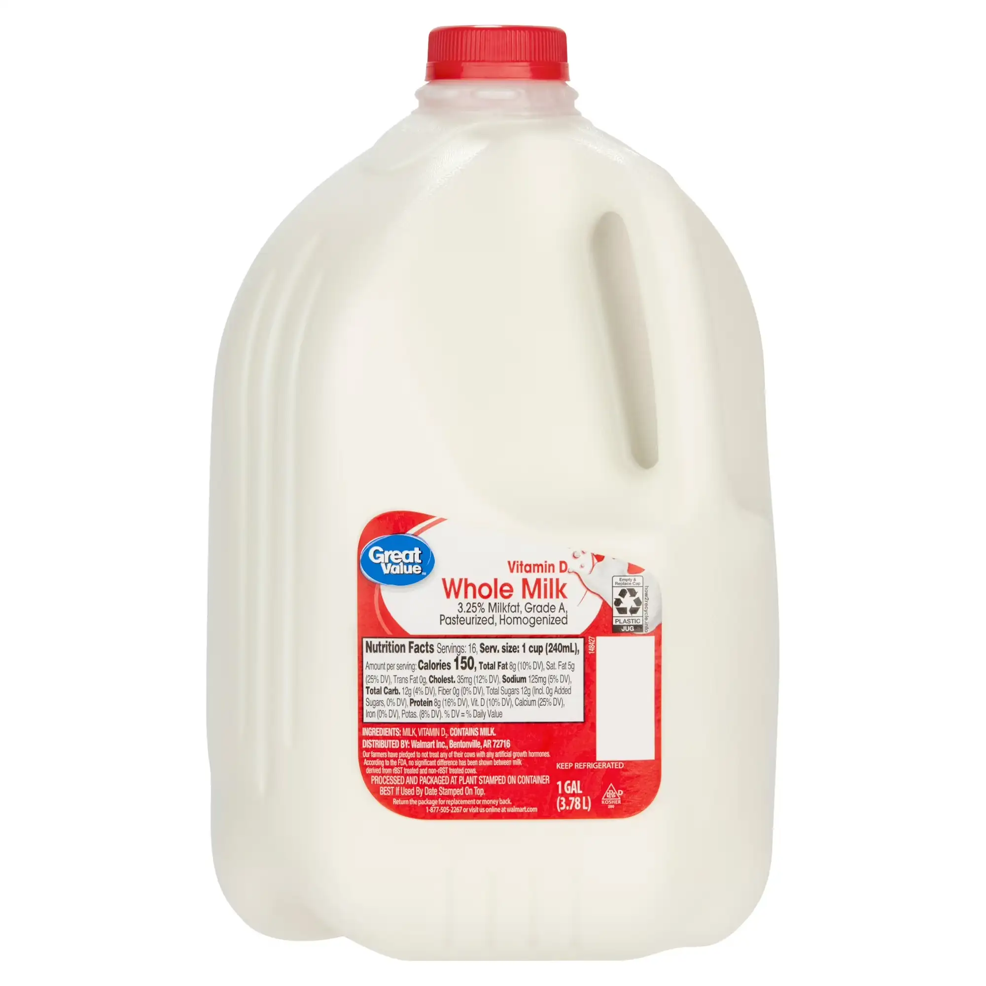 Great Value Whole Vitamin D Milk Gallon Plastic Jug 128 fl oz